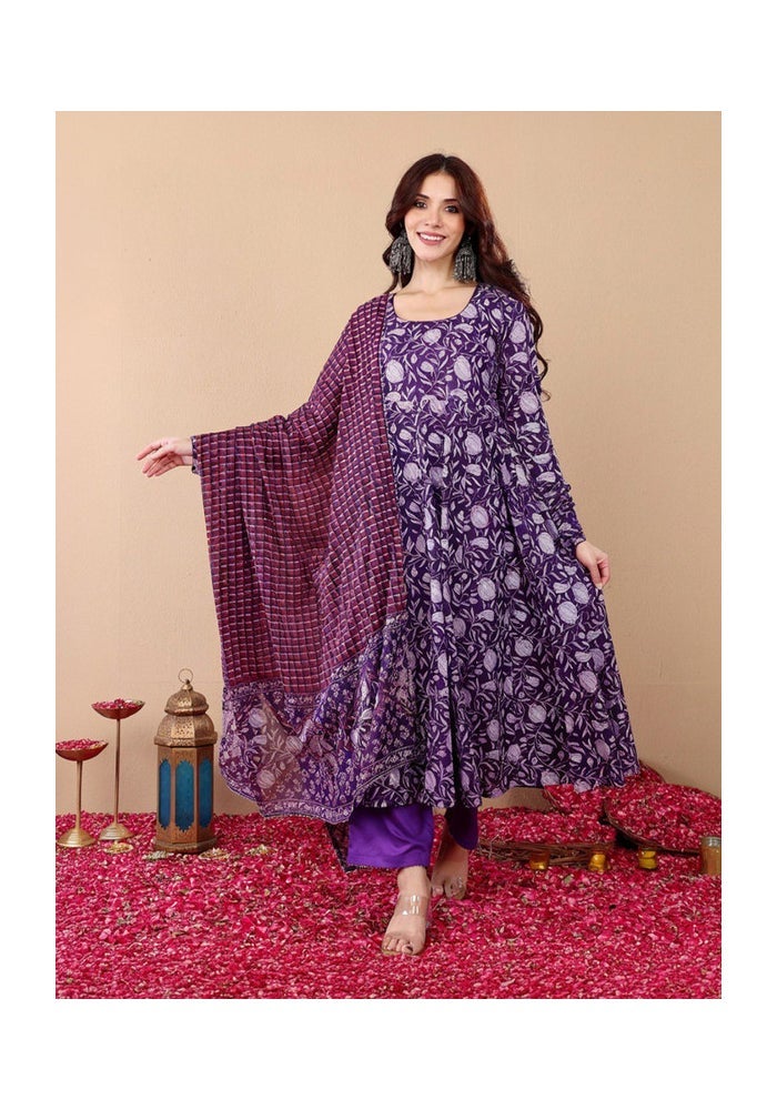 Malishka Export Purple Rayon Printed Anarkali Kurta Pant With Dupatta for Women - Image 1